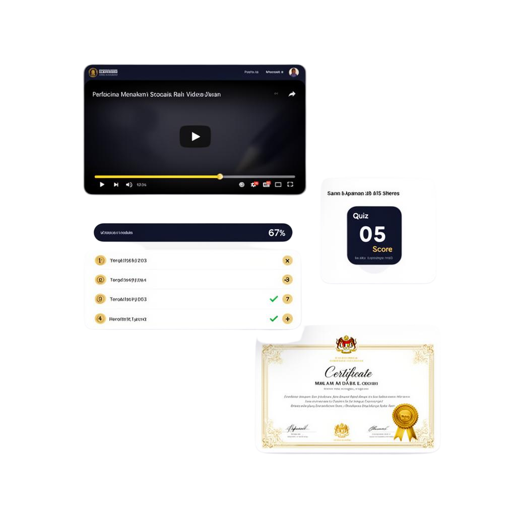 Pratonton dashboard pembelajaran DALS — Digital Academy Learning Solution menunjukkan video lesson, progress kursus, status quiz, dan sijil digital